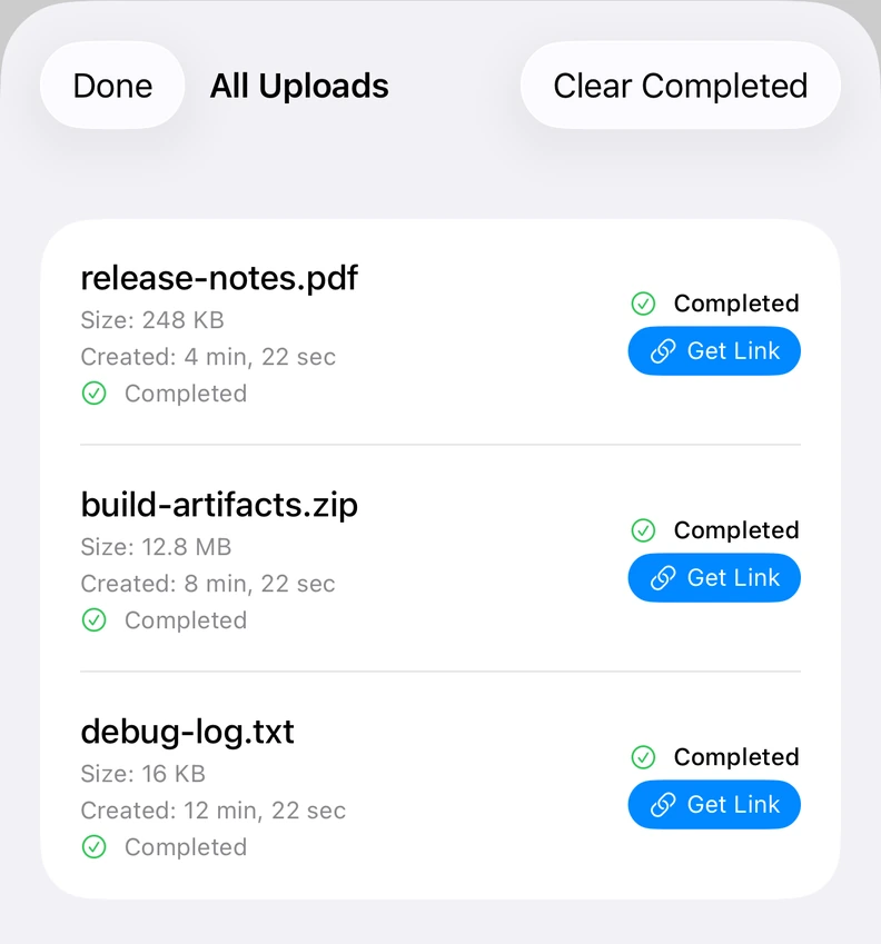 The completed uploads list, with a Get Link button for each file.
