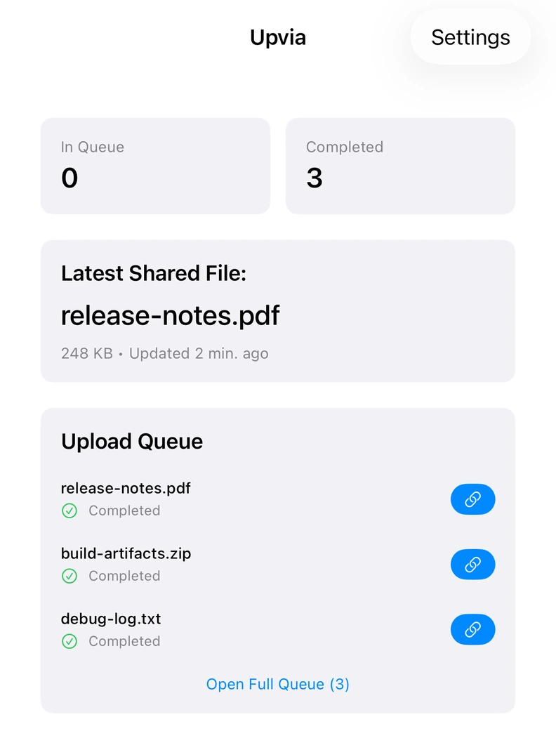 Upvia's upload queue with release-notes.pdf, build-artifacts.zip, and debug-log.txt completed.